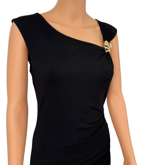VTG Y2K Cache Black Asymmetric Neckline Bodycon Dress Snake Brooch Made USA M - Picture 8 of 13